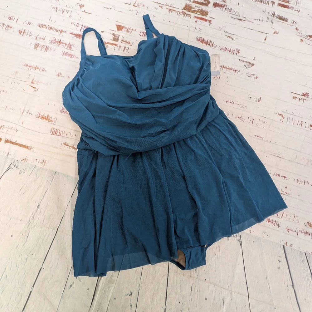 Catherines One Piece Modest Padded Swim Suit With Skirt - Picture 1 of 6